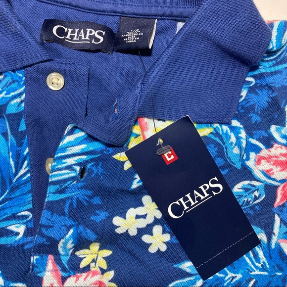 CHAPS by Ralph Lauren Mens Size XL Blue Floral Hawaiian Polo Shirt - Picture 2 of 3